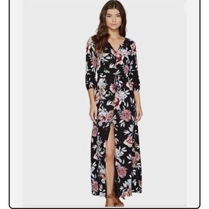 Rip Curl Black Maxi Dress with Pink Floral Design Small